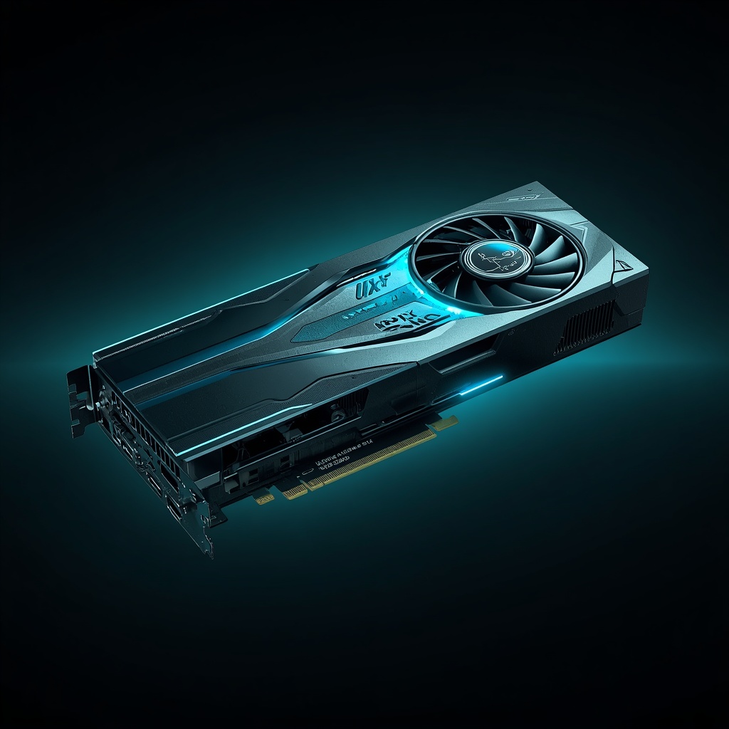A powerful sleek graphics card floating in a dark void, emitting glowing cyan energy, highly detailed metallic textures, realistic lighting, Nano Banana2 style